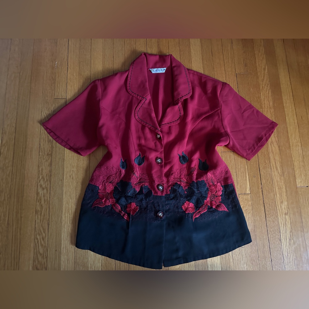 Vintage Chinese Embroidered Black & Red Button-down, OS